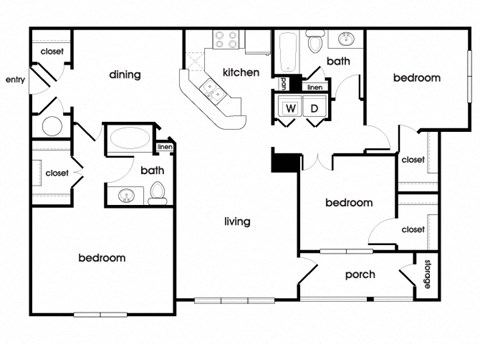Three bedroom two bathroom floor plan image at Longwood Vista